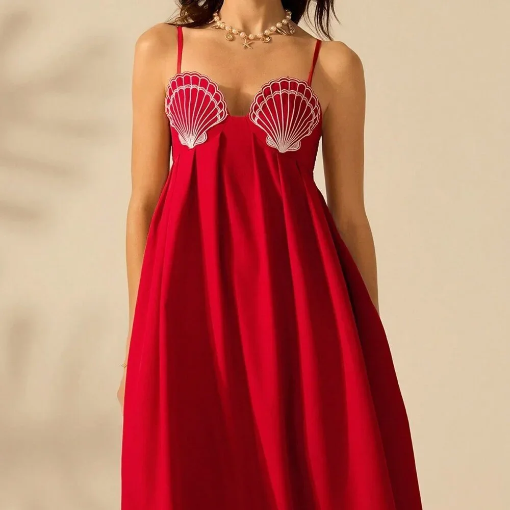 Red Casual A-Line Women's Seashell Embroidery Beach Party Sun Dress - Picture 1 of 7